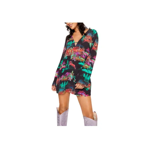 NASTY GAL Rodeo Plunge Smock Мини Платье Длинный Sleeved Платье Женские Черный