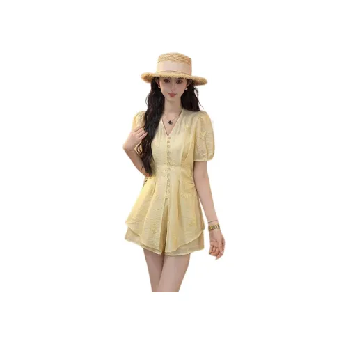 YUANLIANSU Жёлтый Двухкомпонентный Комплект Женские Повседневные Костюмы