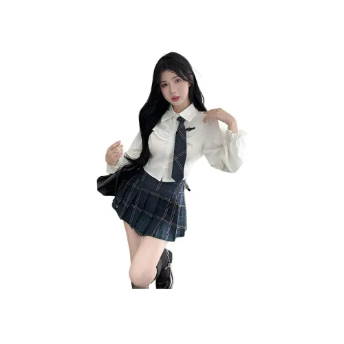 SNZX Одежда Комплект Белая Рубашка + Галстук + Зеленая Клетчатая Юбка Женская Униформа