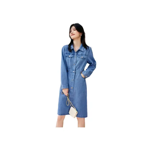 XWI Джинсовый светло-голубой Женские Длинные Платья с рукавами