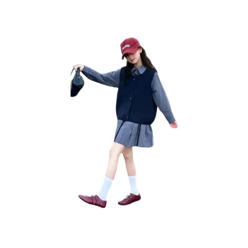 Wooden Rabbit Темно-синий Жилет + Клетчатое Платье Школьный Комплект с Юбкой