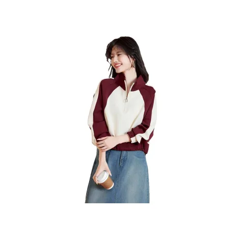 SHANGJING Red+Beige Women's Sweatshirts SHANGJING Красный+Бежевый Женские Свитшоты