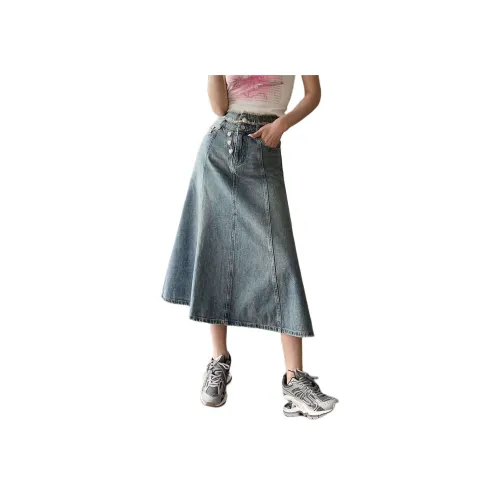 NANING9 Деним Длинная Юбка Женская Синяя