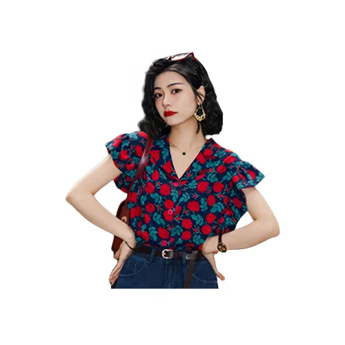 Wbwq Синий с Красным Цветочным Женские Шифоновые Рубашки