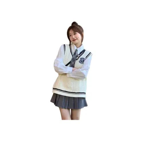 Mu Qingqing Белая рубашка + галстук + серая юбка с оборками + жилет - трехкомпонентный комплект для женщин