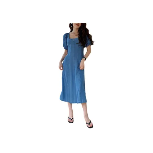 NANING9 Blue Женские Короткие Платья с Рукавами