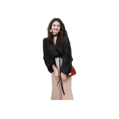 Wbwq Черный с горошком Женские Шифоновые рубашки