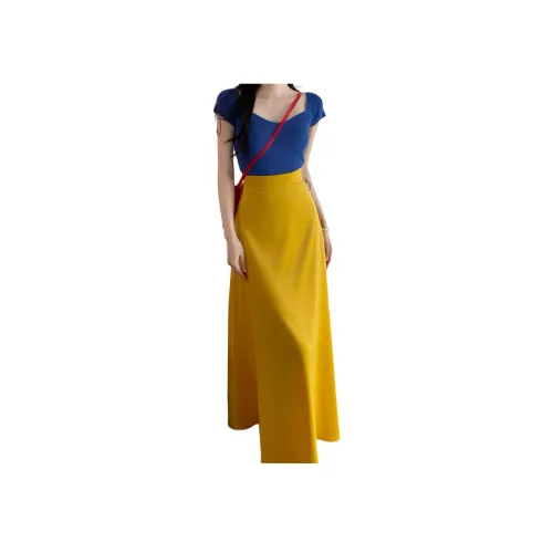 WUSHANSHAN Синий топ + Желтая юбка Женские комплекты с юбкой