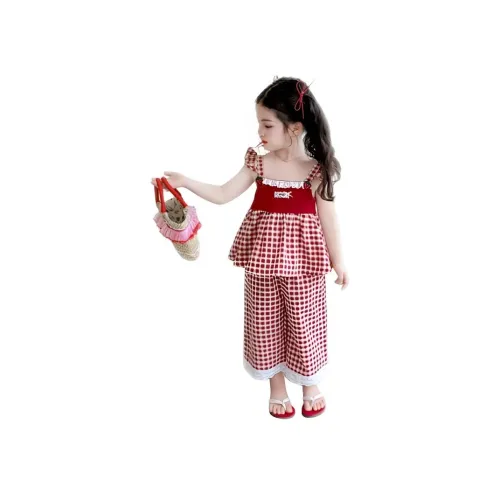 TONYBEAR 2025 Летний комплект для KIDS клубничный красный клетка широкие брюки