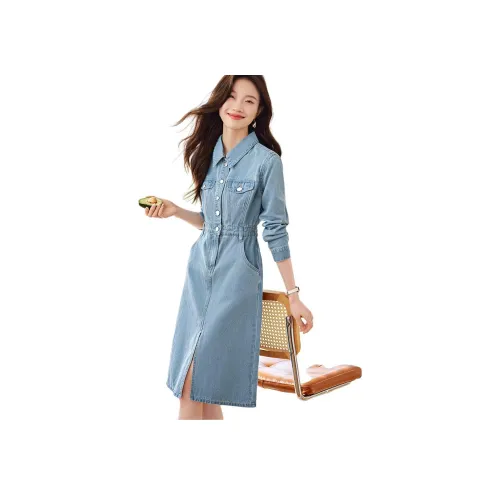 Mo Han Yi Mei Длинное платье с длинными рукавами женское джинсовый синий