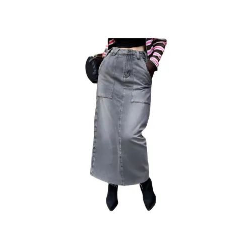NANING9 Деним Длинная Юбка Женская Серого цвета