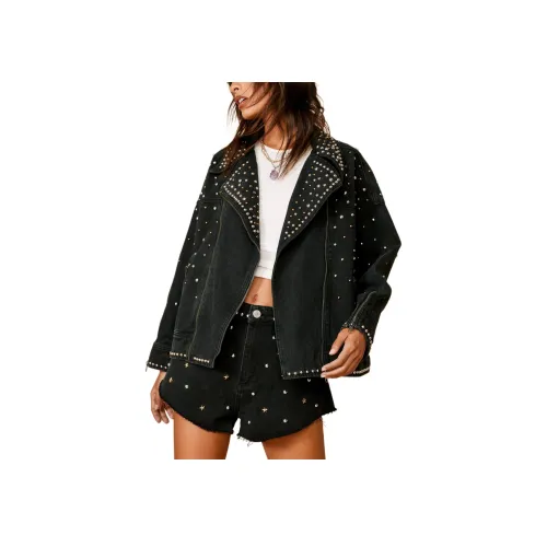 NASTY GAL Премиум Embellished Studded Denim Moto Jacket Куртки Пальто Женские Черный