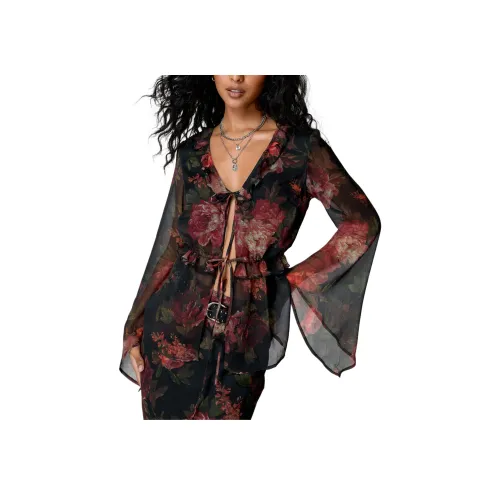 NASTY GAL Винтаж Цветочный Прозрачный Галстук Передний Топ Рубашка Женская Черная