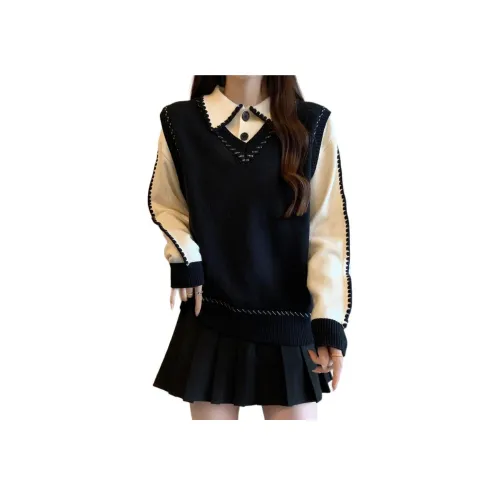 MUQINGQING Черный Mock Двухкомпонентный Трикотажный Свитшот Женский Свитшот