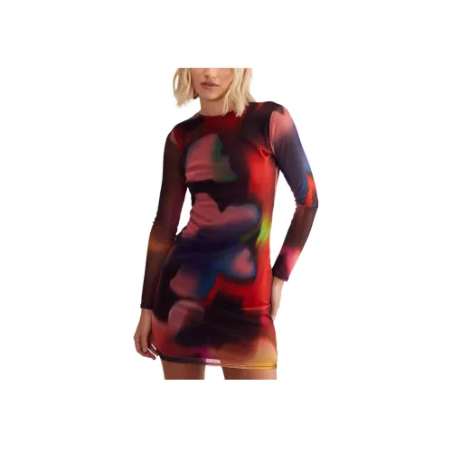 NASTY GAL Размытый принт Сетка Длинный рукав С открытой спиной Туника Мини Платье Длинный рукав Платье Женское Многоцветное