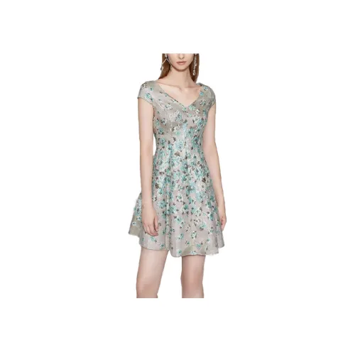 Badgley Mischka Короткий рукав Платье Женское Бежевый Золото Подкладочная ткань с Фиолетово-зеленым