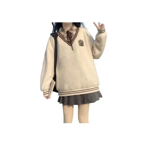 Mu Qingqing Сливочный Mock Два предмета Плюшевый худи Женские худи