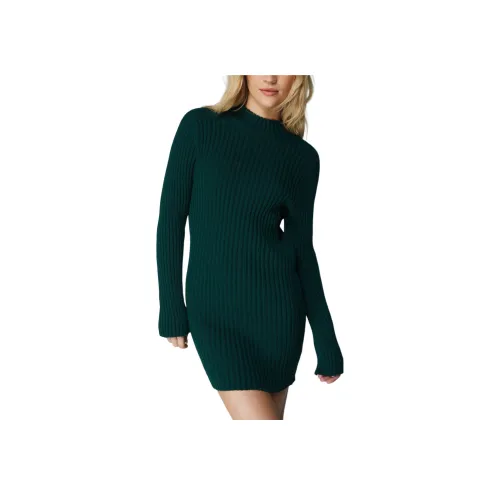 NASTY GAL Ткань в рубчик Воротник-рукавка Мини-платье Длинное Платье с длинными рукавами Женское Темно-зеленый