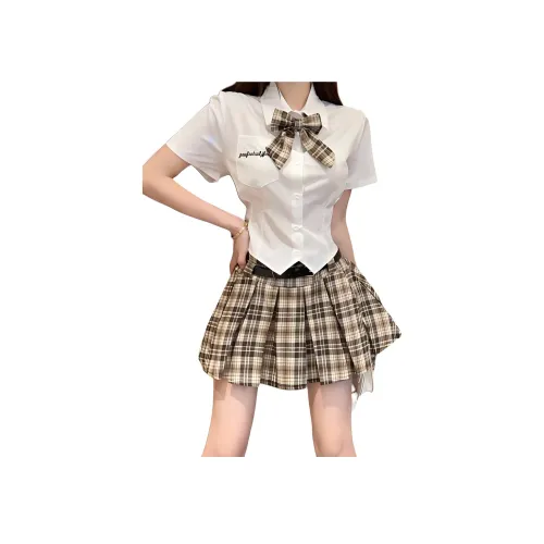 Garbege UNIFORM Женская Белая Рубашка с Коричневой Юбкой с Плиссировкой и Шелковым Галстуком-бабочкой Комплект