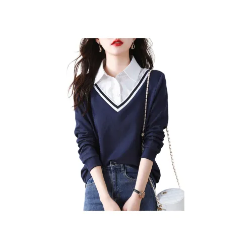 MUQINGQING Темно-синий Воротник рубашки Свитшот Женские Свитшоты