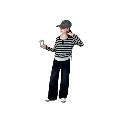 TIANCAIXIAOXIONG Полосы Топ + Винтаж Черные Джинсы Школьный возраст Повседневная Спортивная Одежда