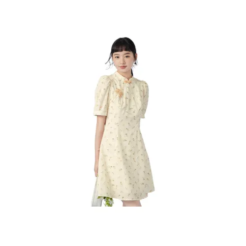 EICHITOO Короткий рукав платье женское цветочный экрю