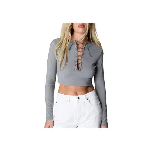 NASTY GAL Кружево Вверх ДОЛГИЙ РУКАВ ТОП КРЫЙТОЙ ДЛИНЫ ЖЕНСКИЙ СЕРЫЙ