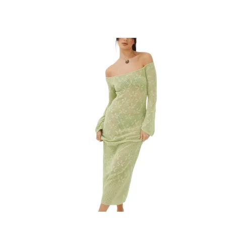 NASTY GAL Цветочный Crochet Off The Плечо Maxi Пляжное Платье Длинное с Длинными Рукавами Женское Желтое Зеленое