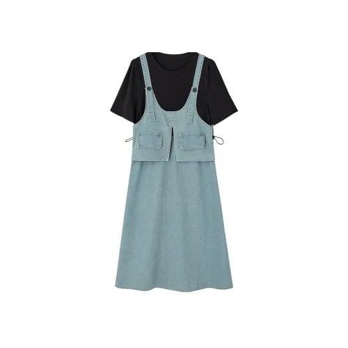 【Dme】 Короткий рукав Платье Женское Светлый деним