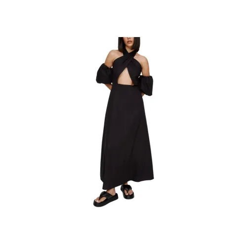 NASTY GAL Халтер с вырезами рукав-буф макси-платье короткое с рукавами женское черное