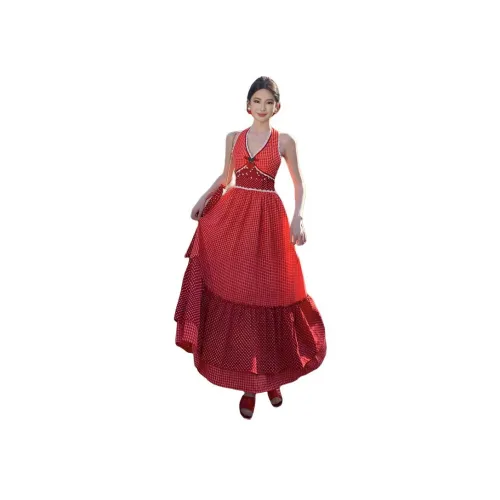 ZVJH Красная клетка Длинная юбка Женские Платья без рукавов