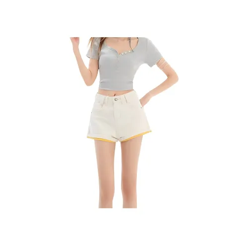 KULAIYA Экрю Женские Джинсовые Шорты