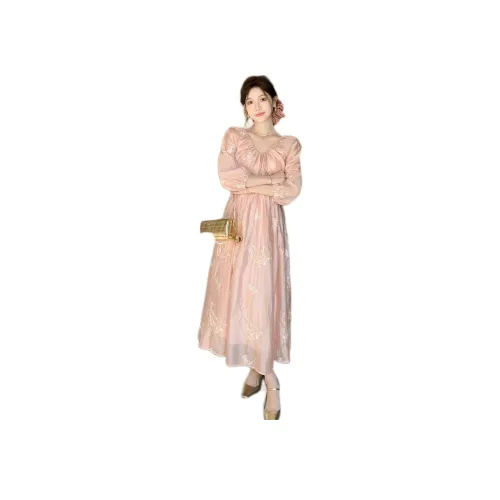 Светло-персиково-розовые женские длинные платья с длинными рукавами