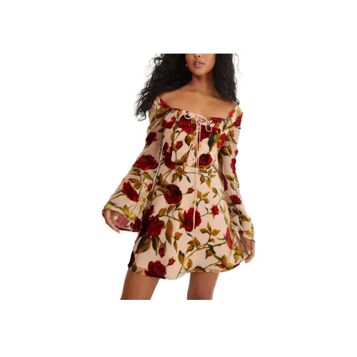 NASTY GAL Розовый Devore Длинный рукав Кружево Вверх Skater Мини Платье Длинный рукав Платье Женские Румяна Цвет