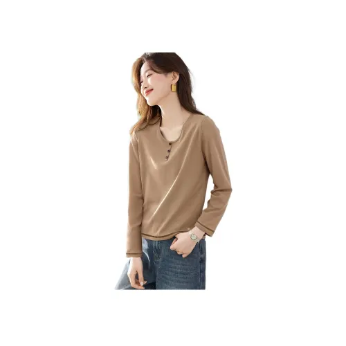 Mo Han Yi Mei Серый хаки Длинный рукав Женская футболка