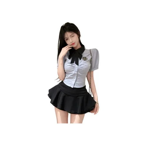 DGMZ Синий топ + Черная юбка, галстук-бабочка, комплект, женская униформа