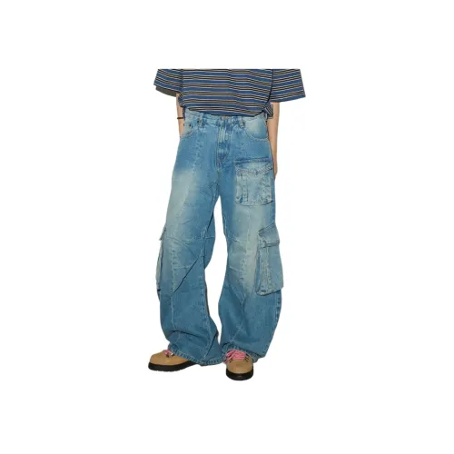 MARTHENAUT Синие Джинсы с большим карманом, унисекс дизайн