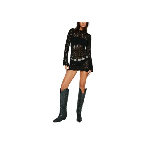 NASTY GAL Crochet Вязаная модель С открытой спиной Мини Платье Длинный рукав Платье Женские Черный