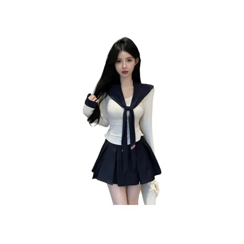 SNZX THREE Комплект Белый Топ + Шаль + Темно-Синяя Короткая Юбка Женская Униформа