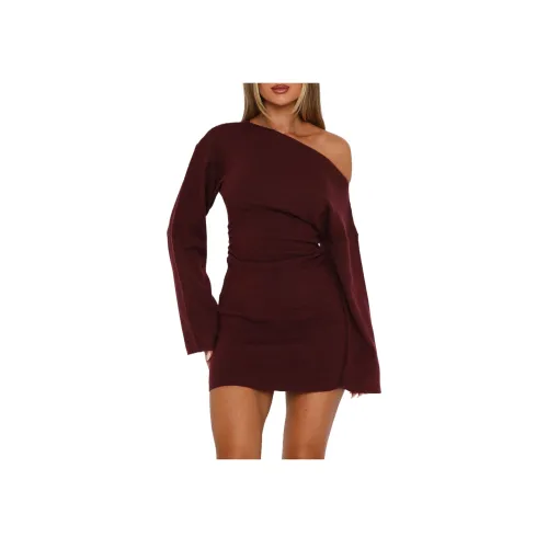 WHITE FOX Мини Платье Бордового цвета Длинное с рукавами Платье Женское