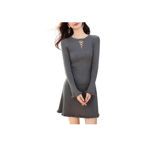 TUSHIFEI Длинное платье с длинными рукавами женское серое