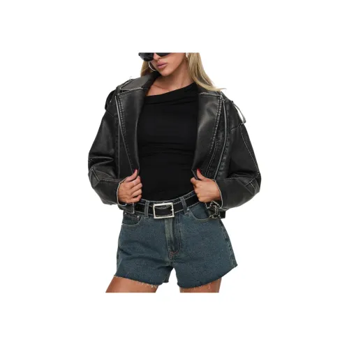 PRINCESS POLLY BELIEVE IN ME FAUX LEATHER JACKET LEATHER JACKET Women's WASHED BLACK WASHED BLACK