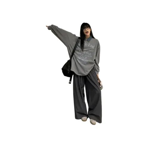 BVODE Серый Длинный Рукав Письмо T+Серый Широкие Брюки+Деним Отложной Воротник Женские Повседневные Костюмы