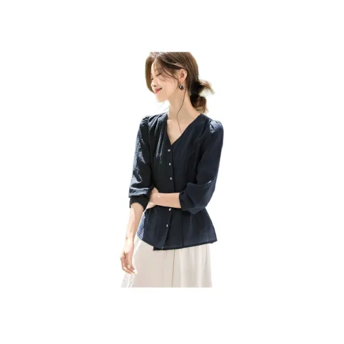 MOHANYIMEI Темно-синие длинные рубашки с длинным рукавом для женщин