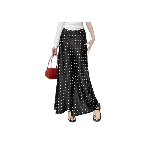 Wbwq Повседневный Длинный Юбка Женские Черный с Белыми Точками