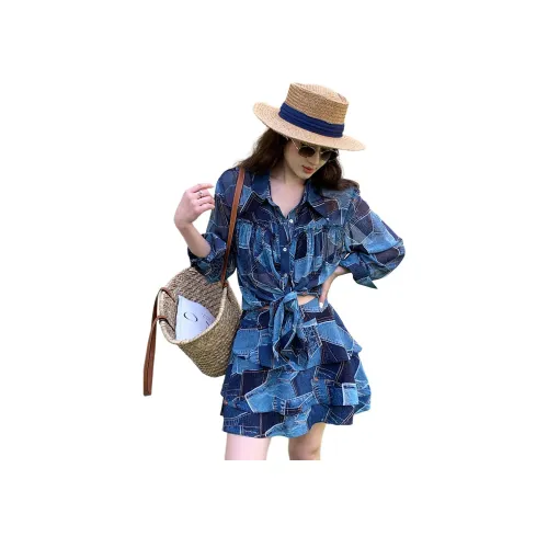 NANING9 Джинсовый синий женский комплект с юбкой