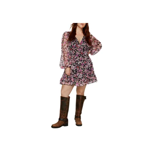 NASTY GAL Большой размер Цветочный Шифон Кружево Вверх Мини Платье Длинный рукав Платье Женские Черный