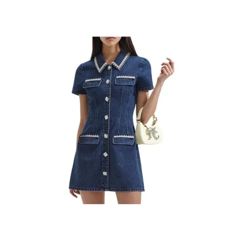 Self Портрет Короткий Рукав Платье Женское Джинсовый Синий