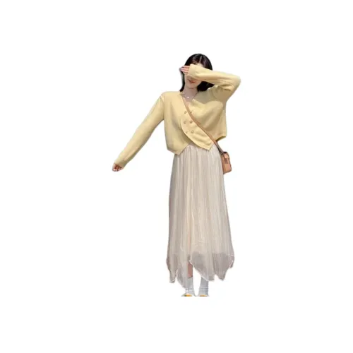 BVODE Желтый Свитер + Абрикосовая Пряжа Юбка Женские Комплекты с Юбкой