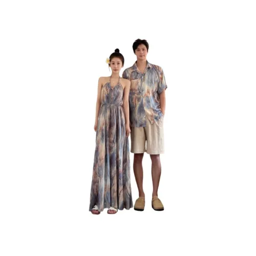 QYPRF Одежда для пары Мужская рубашка + шорты + Женское платье + шаль Женские парные комплекты